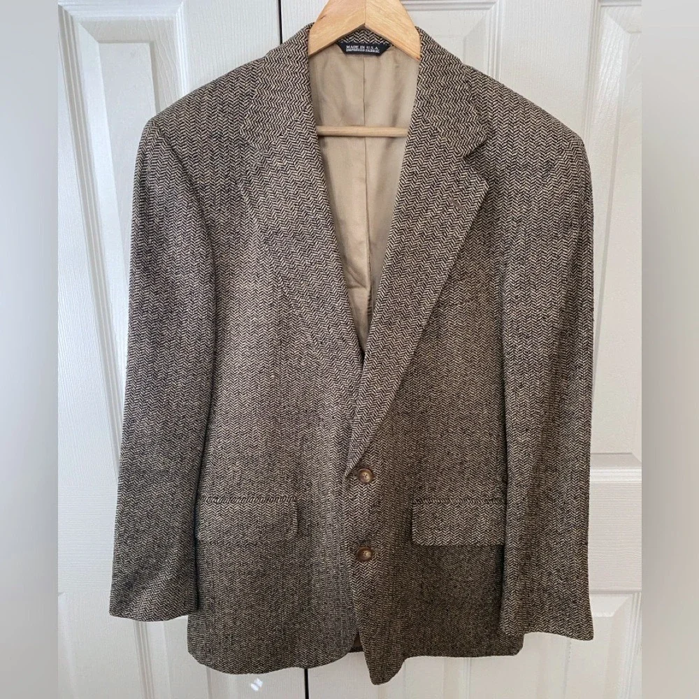 VINTAGE‎ Union Made Polo University Club Black/Tan Herringbone Tweed Blazer 42